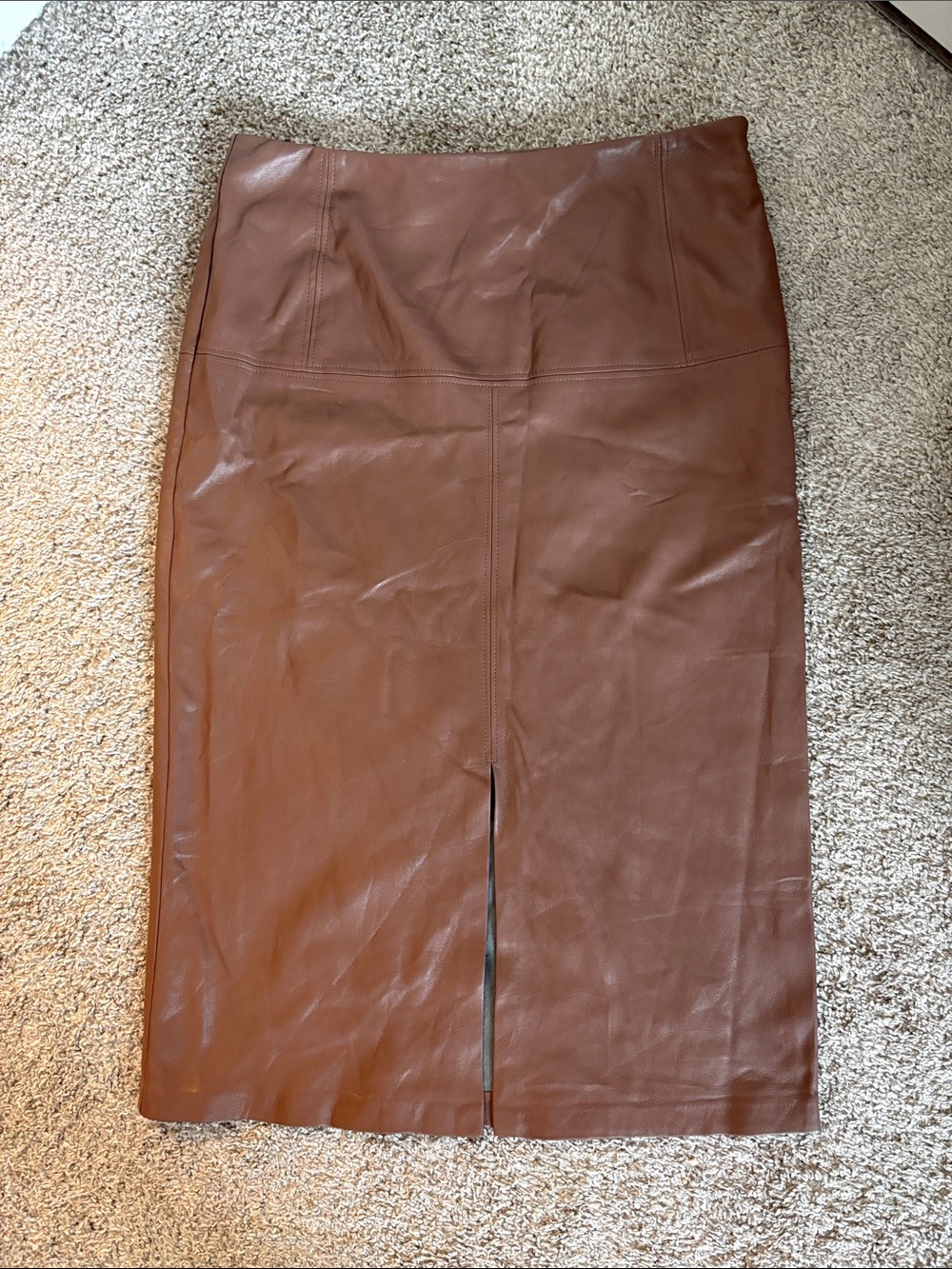 Ellison Cognac Faux Leather Pencil Skirt with Front Vent